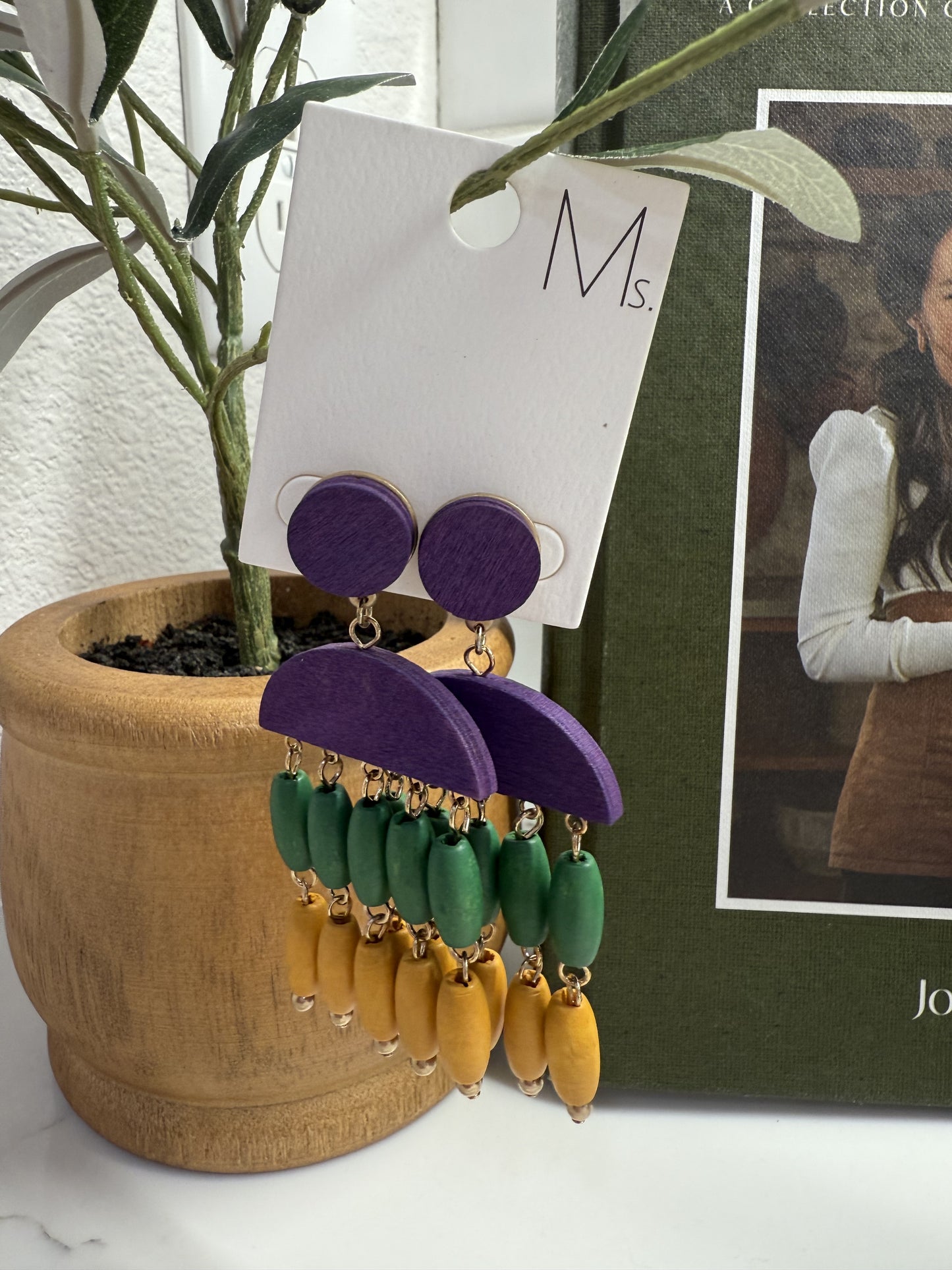 Wooden Mardi Gras Earrings